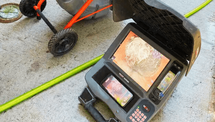 Sewer inspection equipment: monitor showing pipe interior, next to a wheeled reel and green hose.