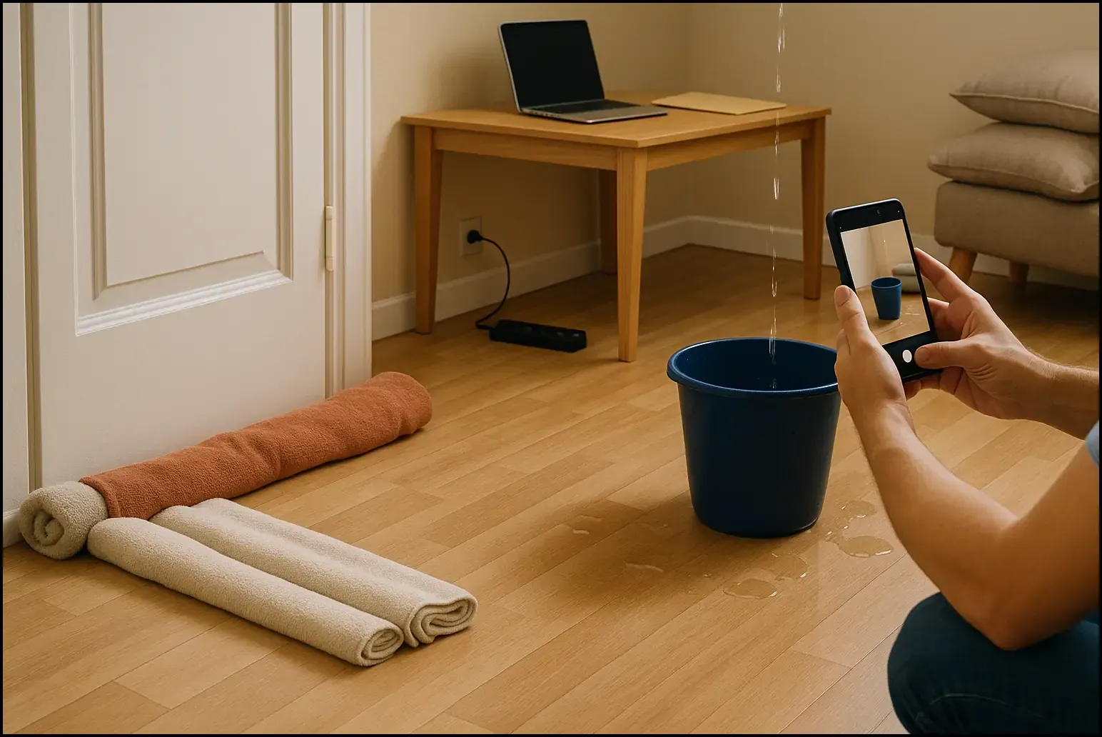 Containing and documenting water damage inside a Canberra home using towels, buckets and a phone before calling an emergency plumber