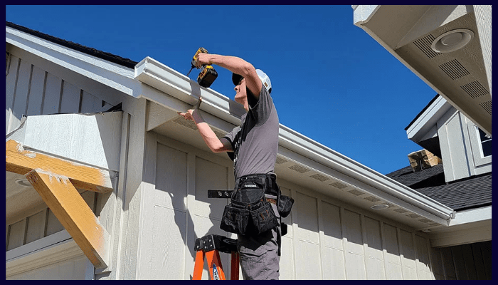 Plumber inspecting and repairing roof gutters on Canberra home
