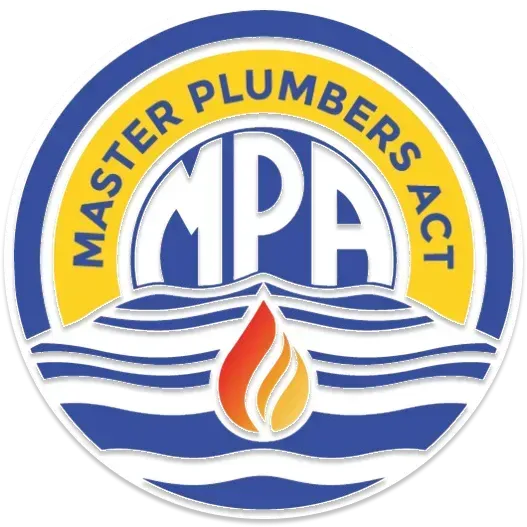 Logo: Master Plumbers Act, blue waves, yellow ring, MPA initials, flame graphic.