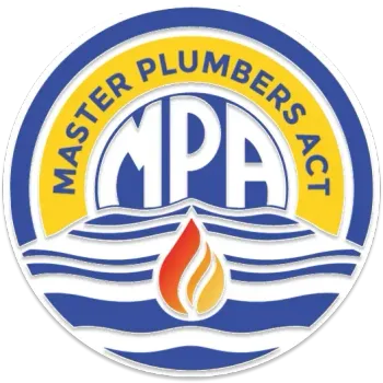 Logo: Master Plumbers Act, blue waves, yellow ring, MPA initials, flame graphic.