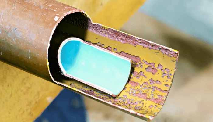 Cutaway of a rusty metal pipe showing a bright cyan inner layer inside.