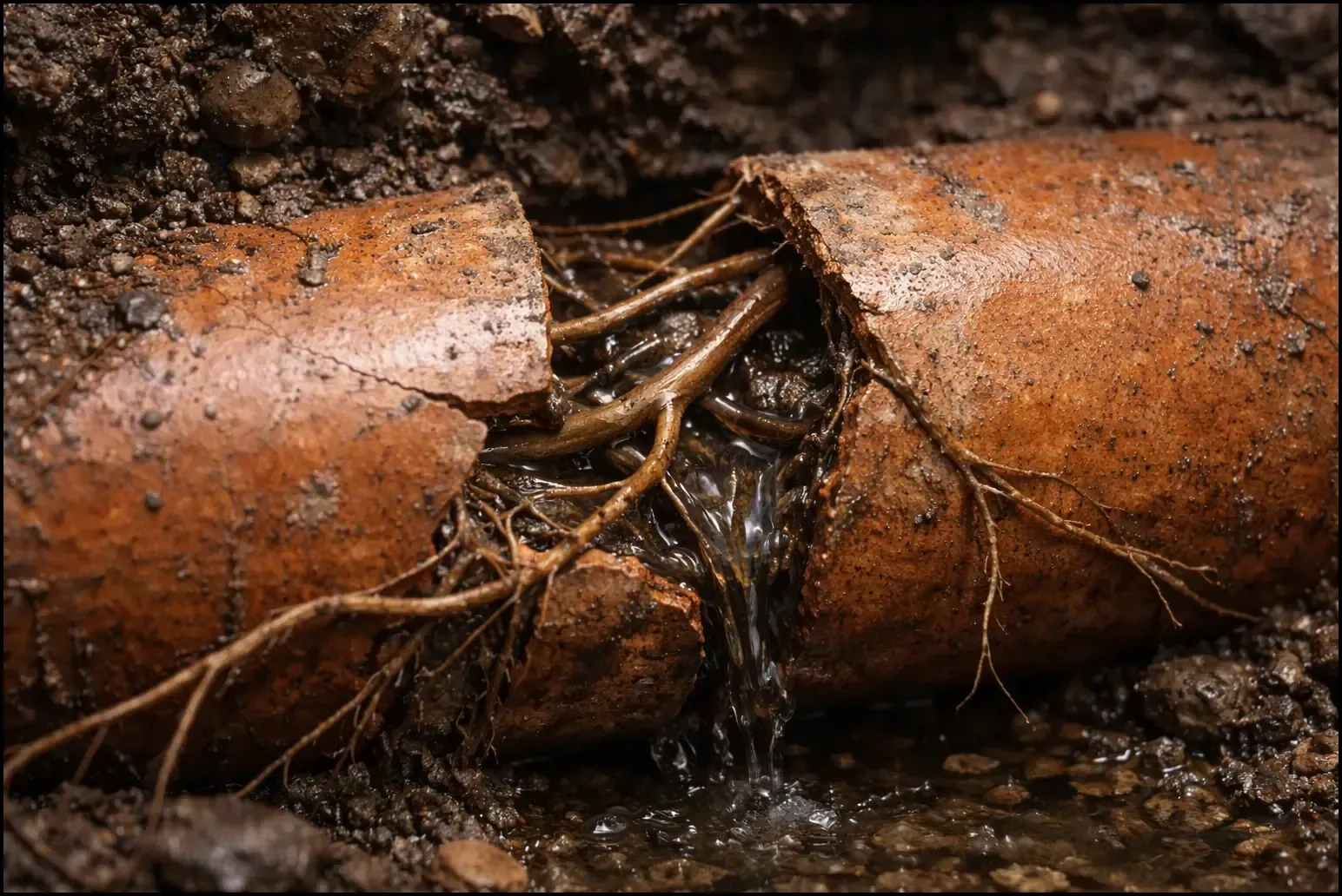 Tree roots breaking into a cracked clay sewer pipe causing blocked drains at an Australian home