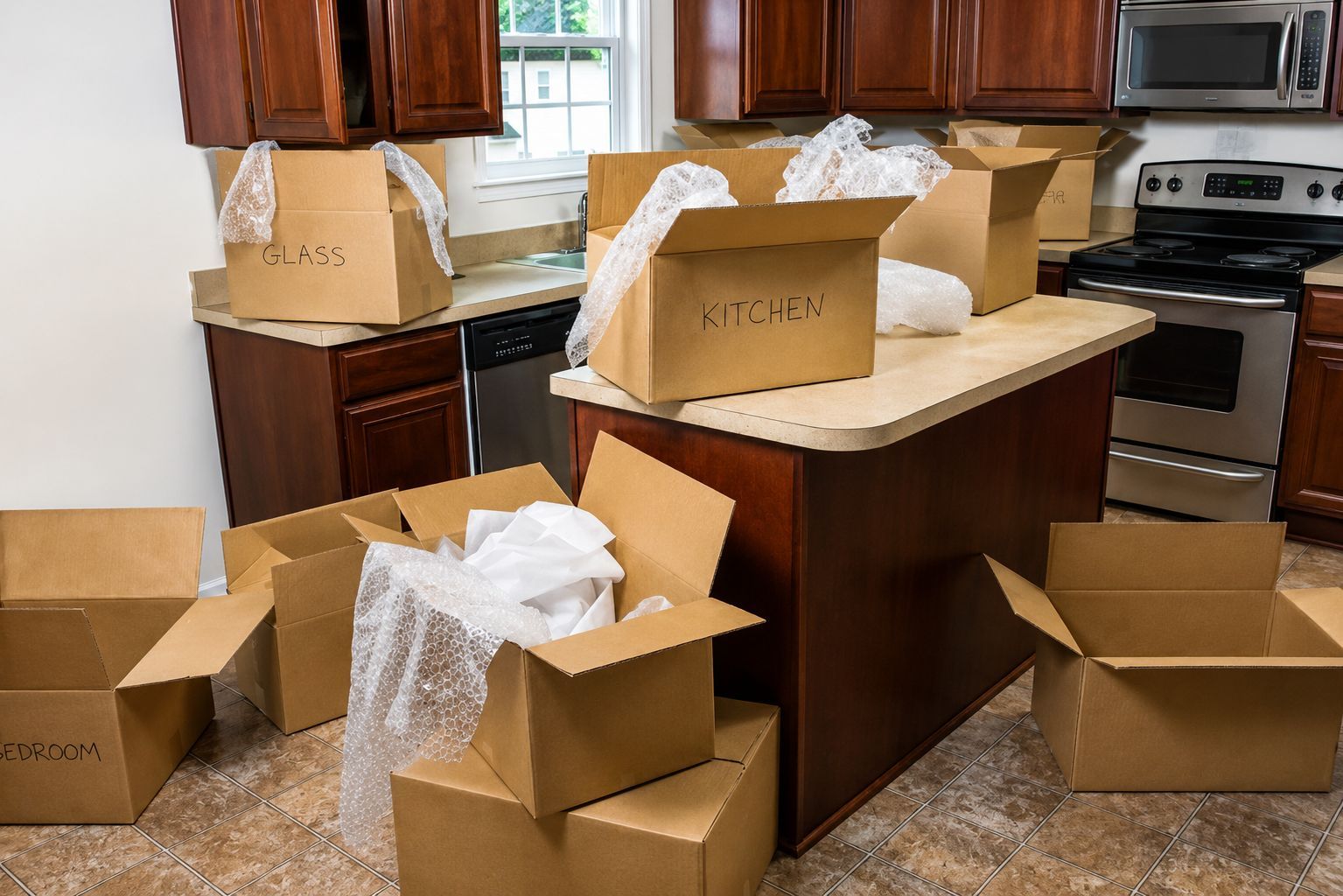 Kitchen full of open cardboard boxes and packing materials, suggesting a move or unpacking.