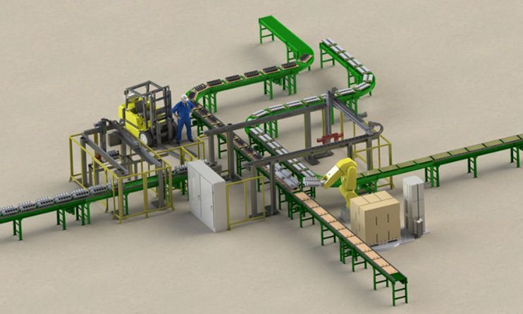 3D rendering of factory floor. Pictured is conveyor belts, robotic arm, a man, and a forklift.