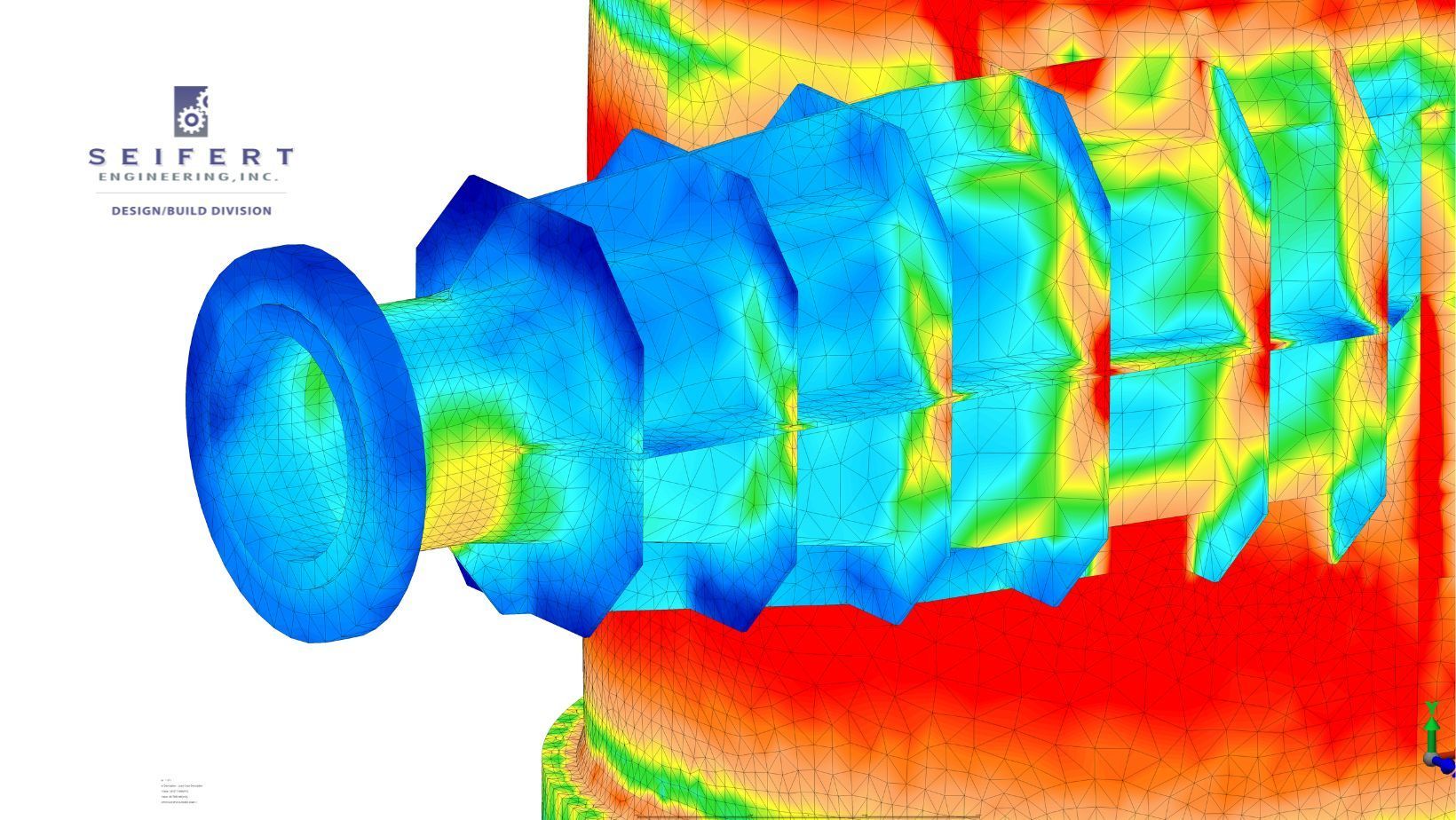FEA stress analysis graphic. A component shows blue and red areas.
