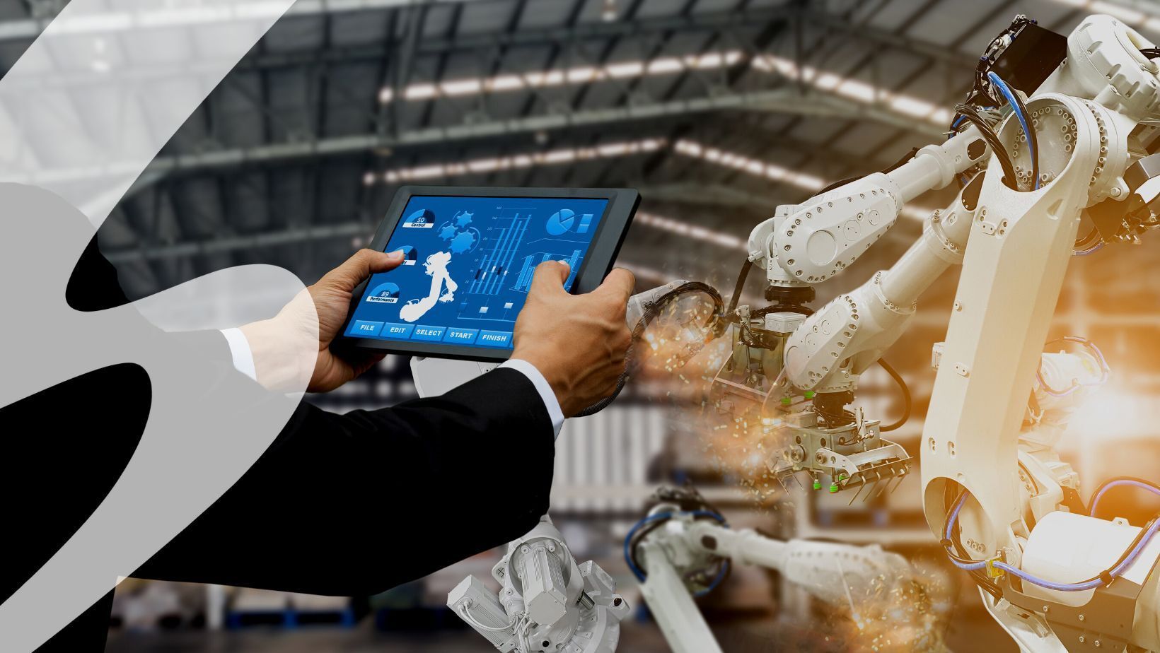 Pair of human hands operation machine learning robot on a tablet