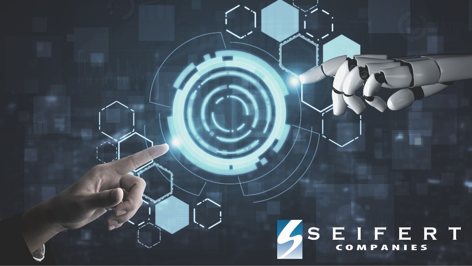 Human hand reaching finger out to Robot hand signifying machine learning