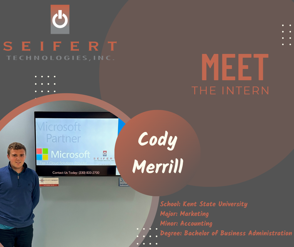 Title slide: Meet the intern: Cody Merrill. Pictured is him in front of a monitor on the lower left corner.