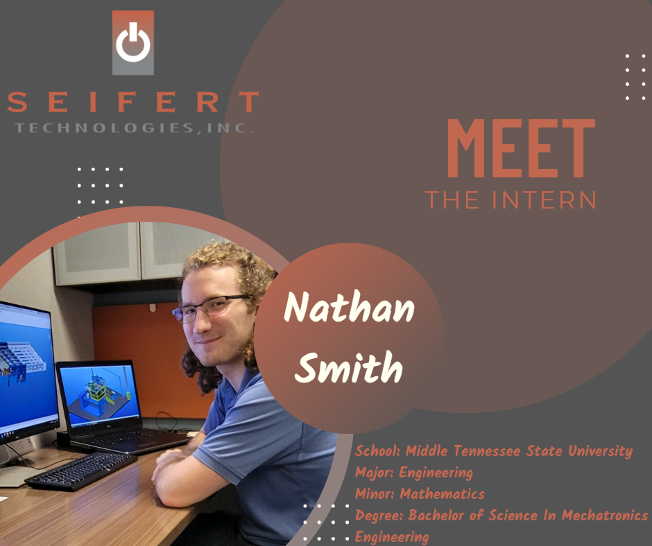Title slide: Meet the intern: Nathan Smith. Pictured is him at his desk on the lower left corner.