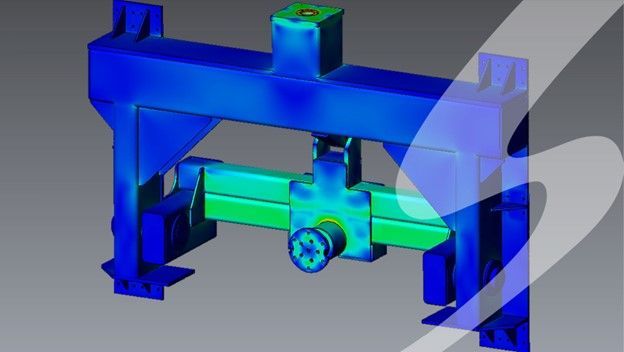 A stress heat map to an engineered part. The part is mostly deep blue, with aqua greens in the center.