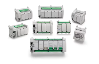 Several grey and green PLC components