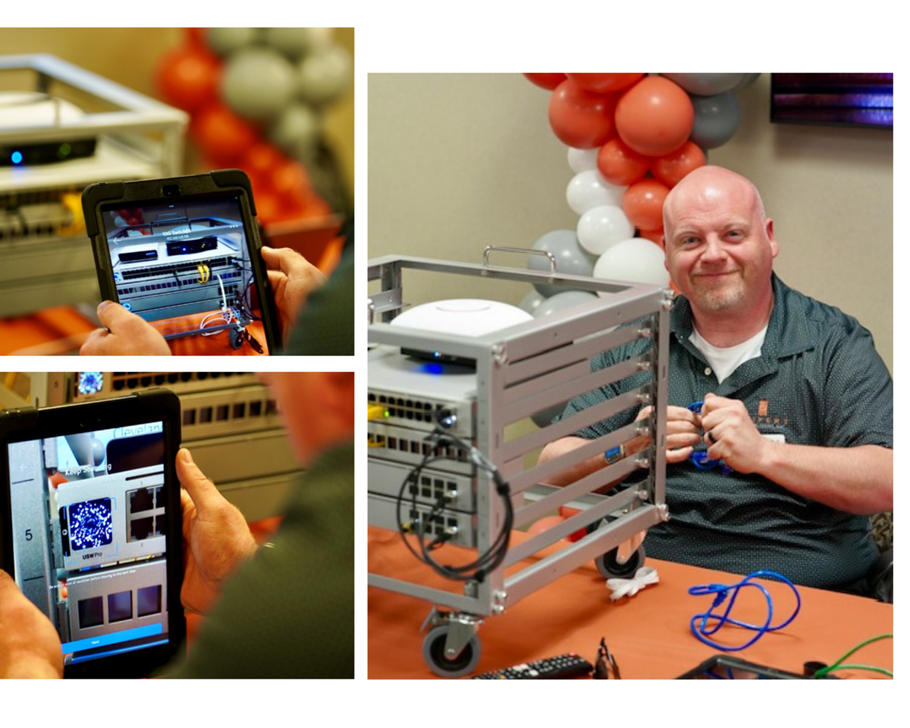 Pictures 1 and 2: A man holding a tablet with a camera. Picture 3: A Seifert employee attaching wires to a server. 