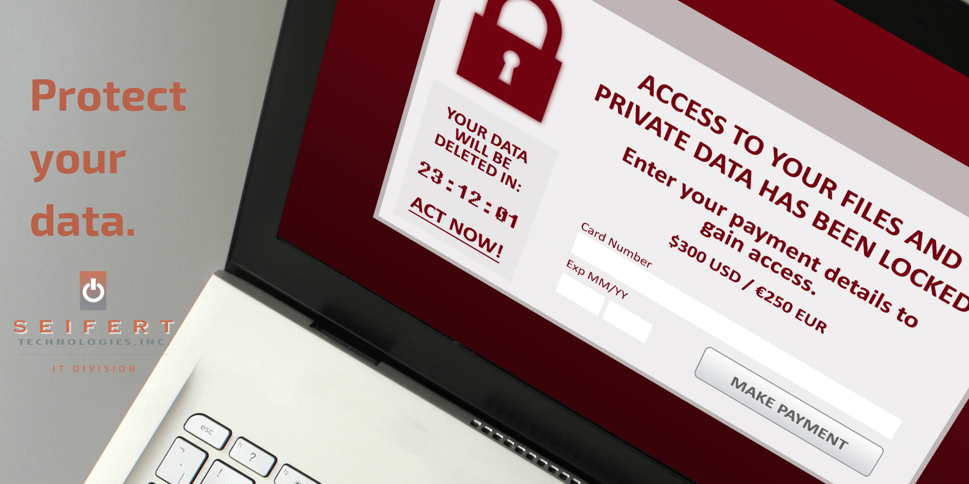 Protect Your Data - Ransomware Graphic with computer that says