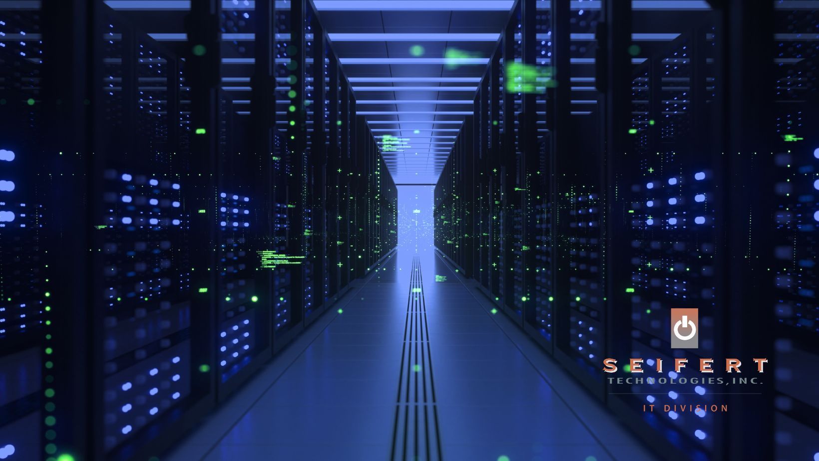 An abstract image, picturing a large server room with small green lights floating about
