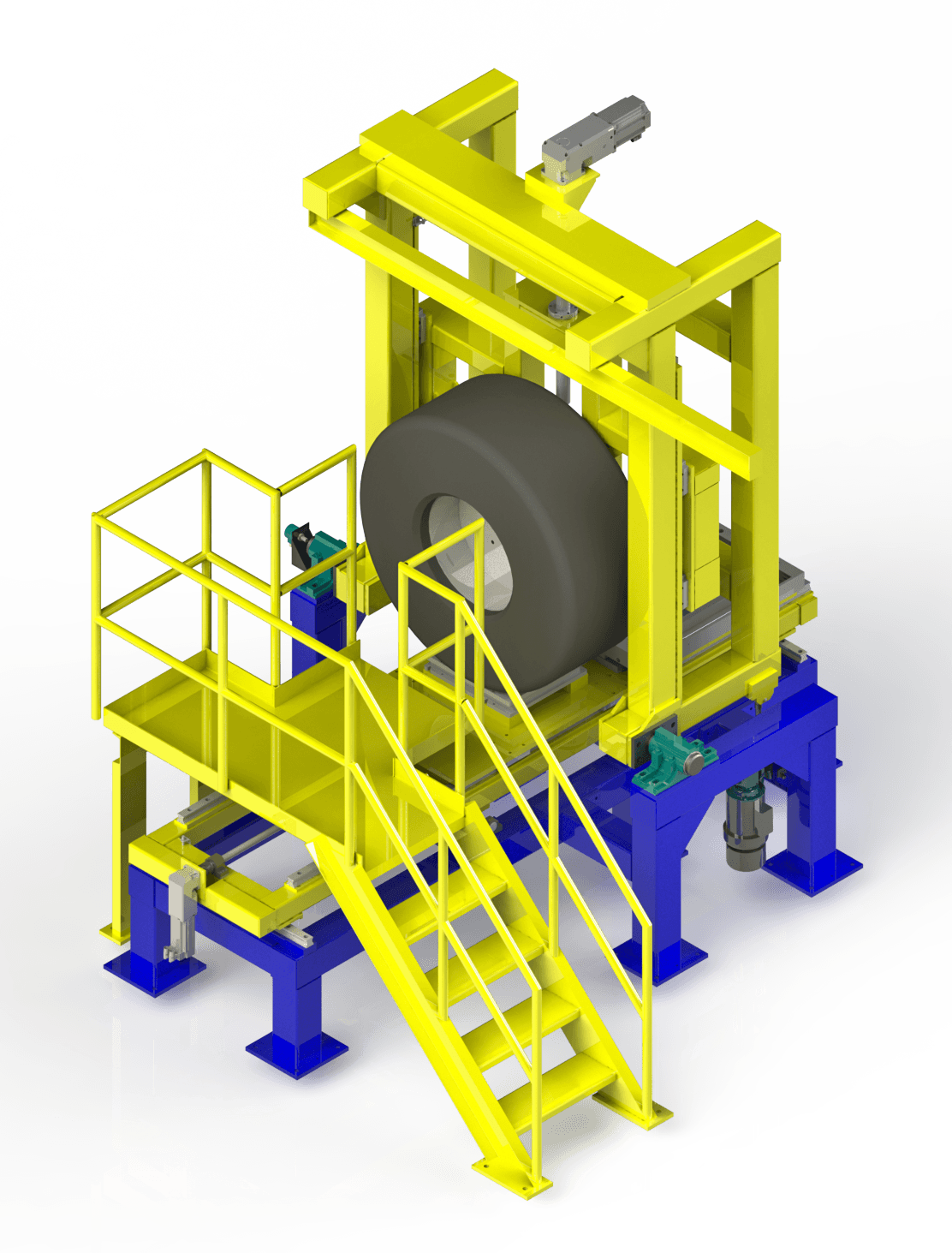 3D render of a tire pressure machine. A tire is mounted on a metal frame, and a staircase leads up to the testing area.