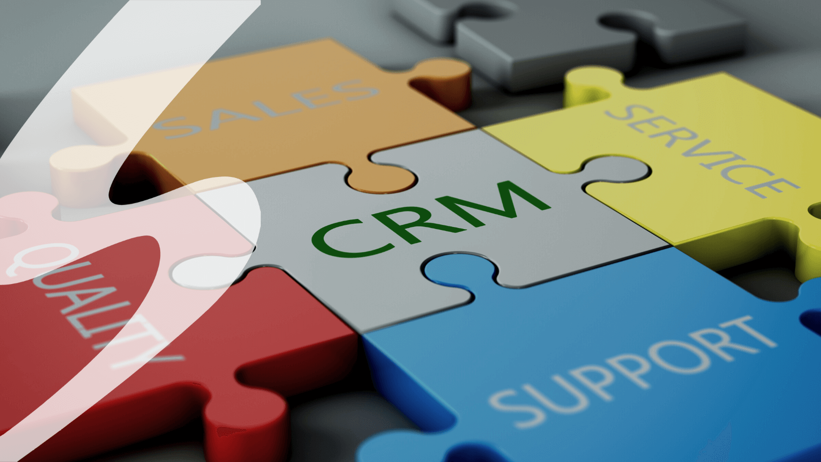 Puzzle showing different business functions for each piece like Sales, service, with CRM in the middle