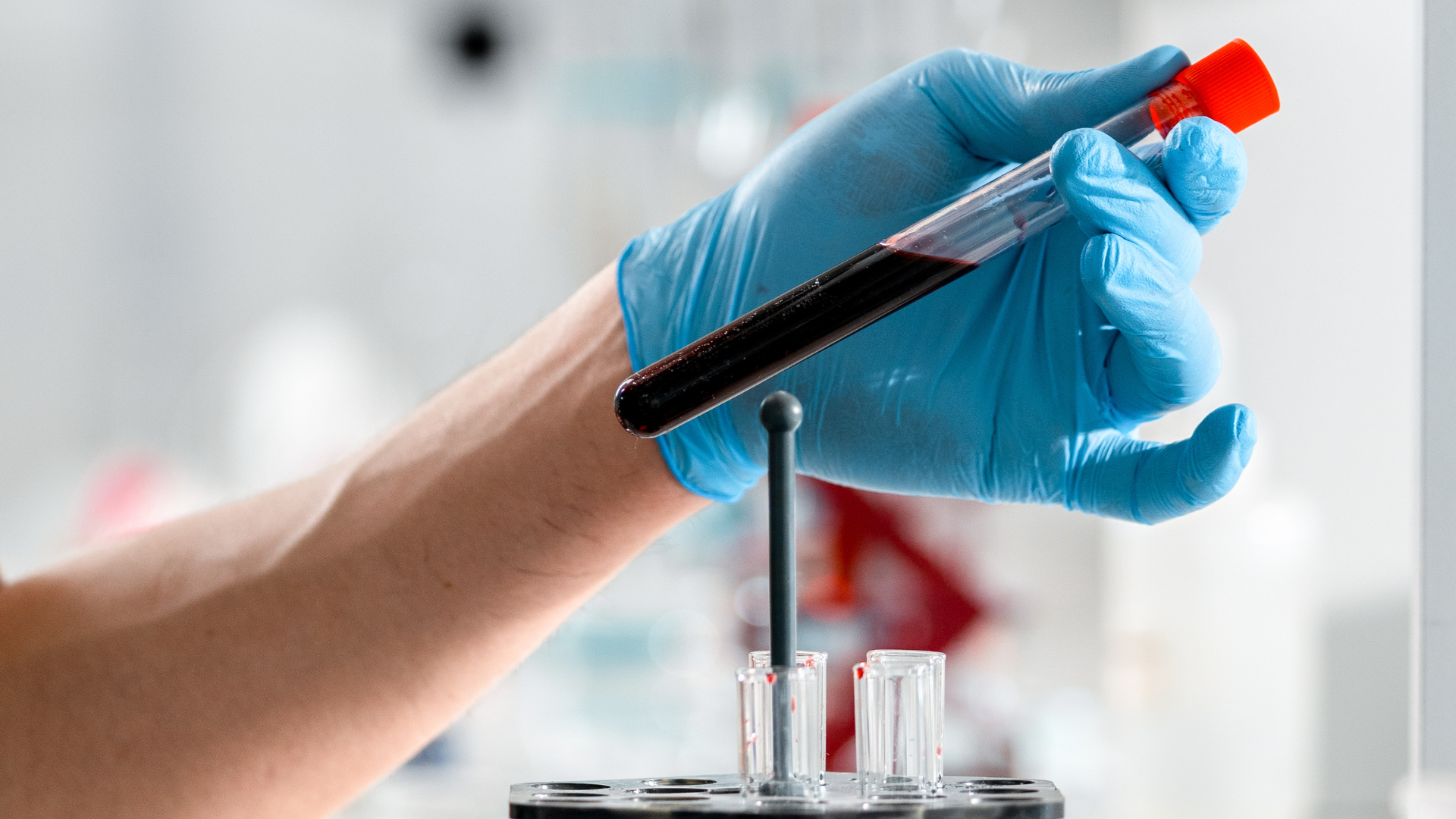 A person wearing blue gloves holds a test tube filled with dark red liquid in a laboratory setting.