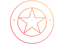 Orange-red circular logo with a five-point star inside a ring and two small side dots.
