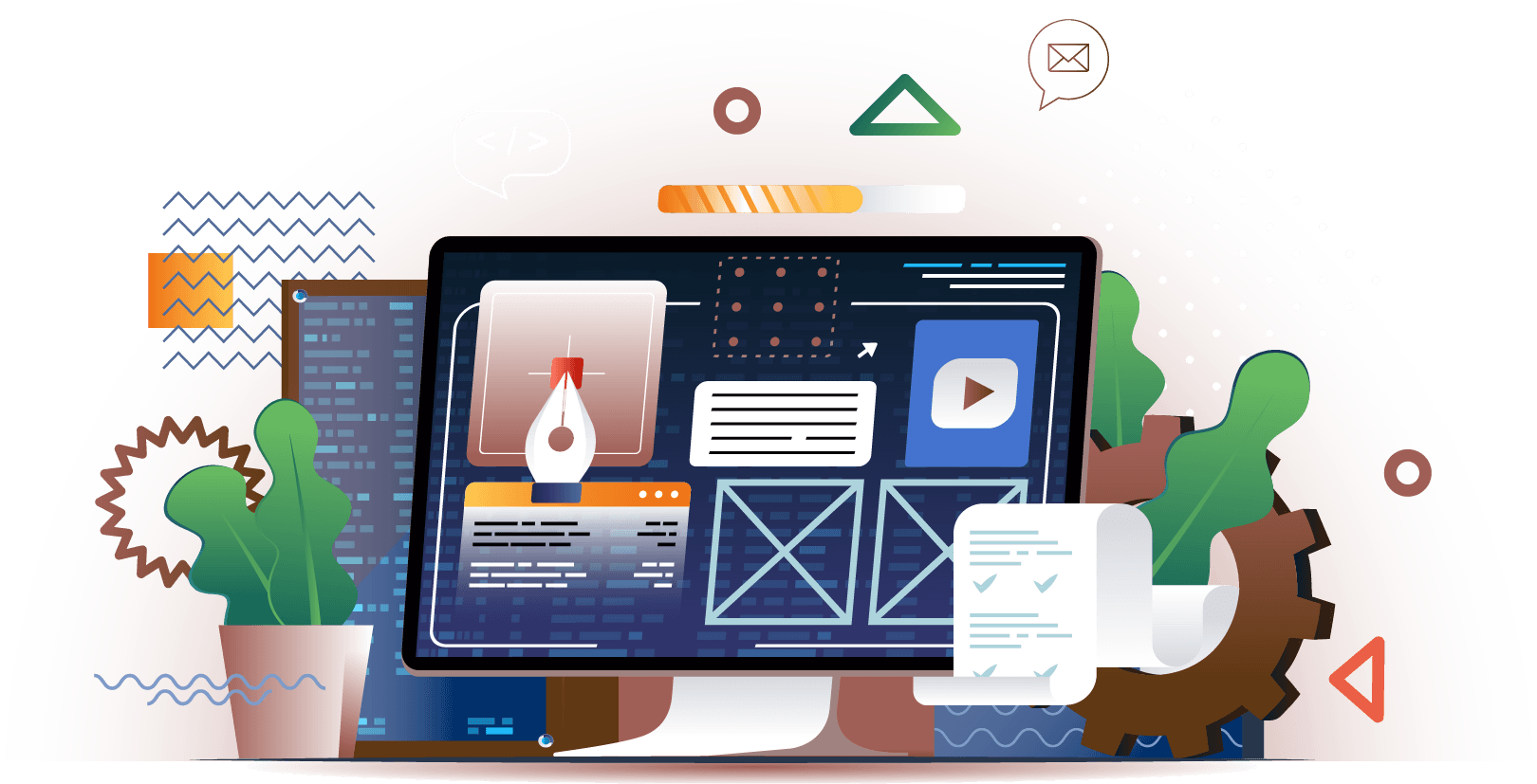 Creative graphic of a computer showing development tools