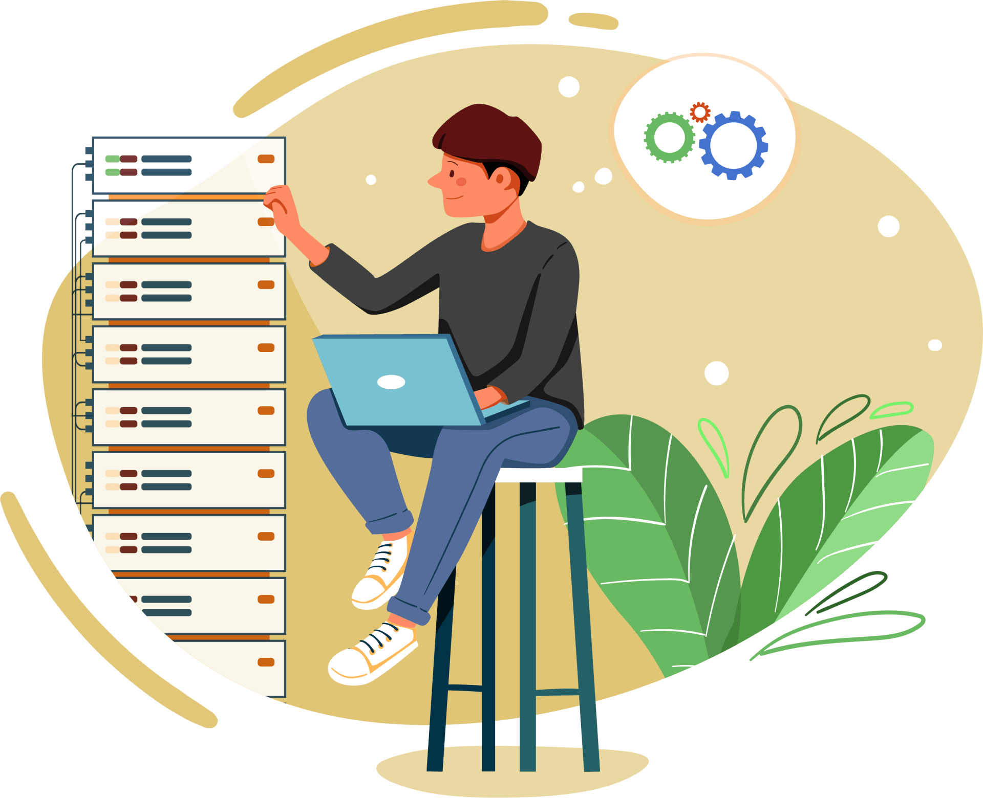 Creative graphic of a developer managing web hosting servers