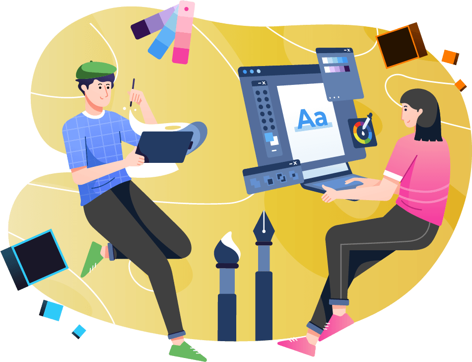 Creative graphic of a man and woman performing graphic design