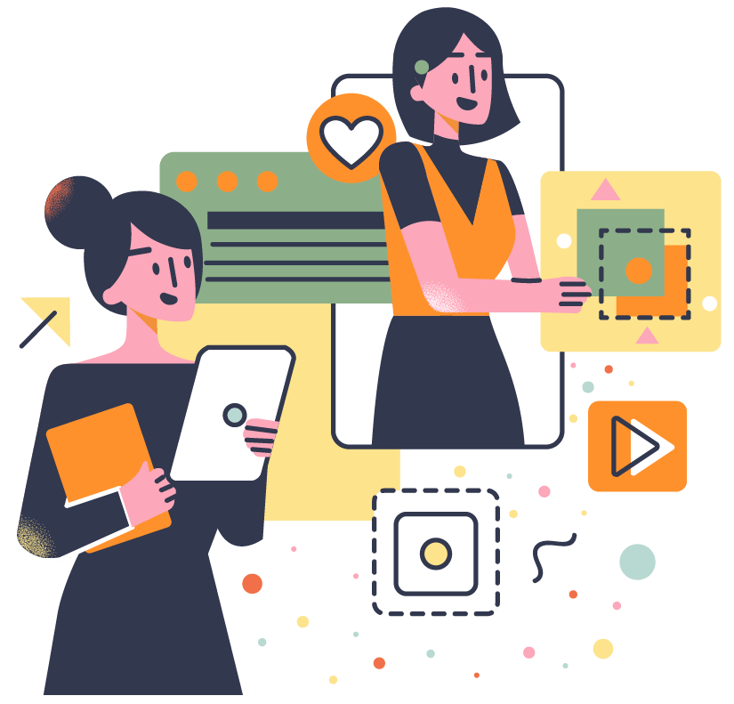Creative graphic of a two women managing a social media campaign