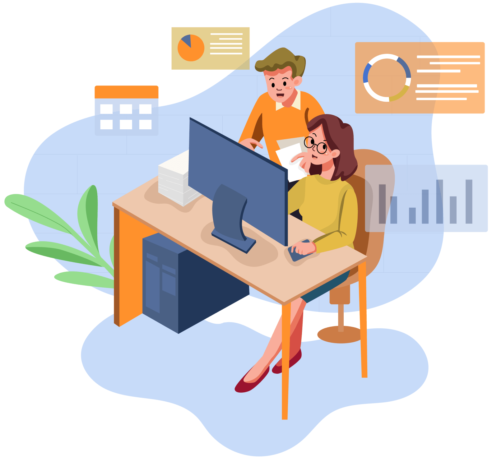 Creative graphic of a man and woman compiling analytics