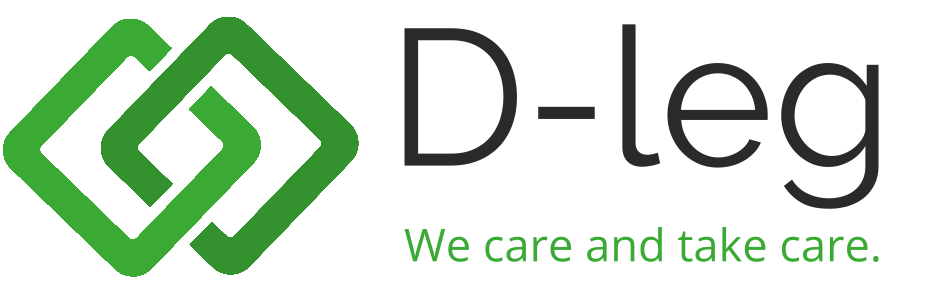 Logo en forme de D avec des formes vertes imbriquées et le slogan « Nous prenons soin de vous ».