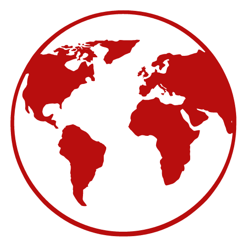 Icône de globe rouge avec les continents en contour blanc et rouge
