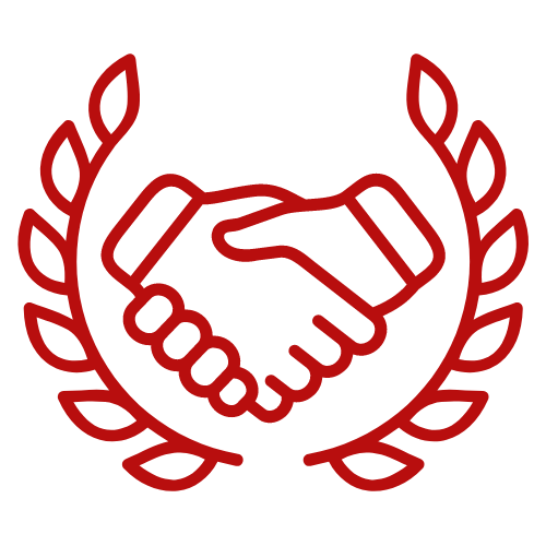 Icône de poignée de main rouge entourée de branches de laurier, symbolisant un accord ou un partenariat