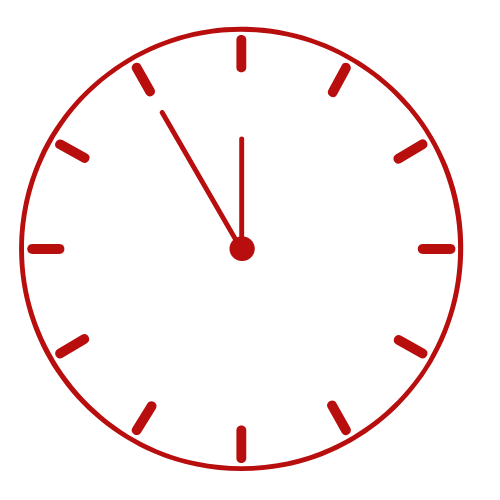 Cadran d'horloge analogique rouge avec aiguilles et index rouges minimalistes sur fond blanc