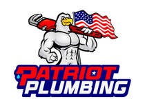Patriot Plumbing logo with flexing bald eagle mascot, wrench, and U.S. flag in red, white, and blue