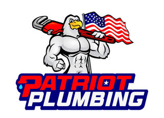 Patriot Plumbing logo with flexing bald eagle mascot, wrench, and U.S. flag in red, white, and blue