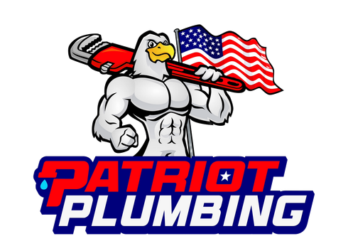 Patriot Plumbing logo with flexing bald eagle mascot, wrench, and U.S. flag in red, white, and blue