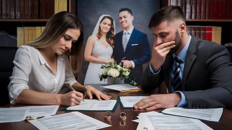 A couple sits at a desk signing documents in front of a wedding portrait, the person on the right looking distressed.