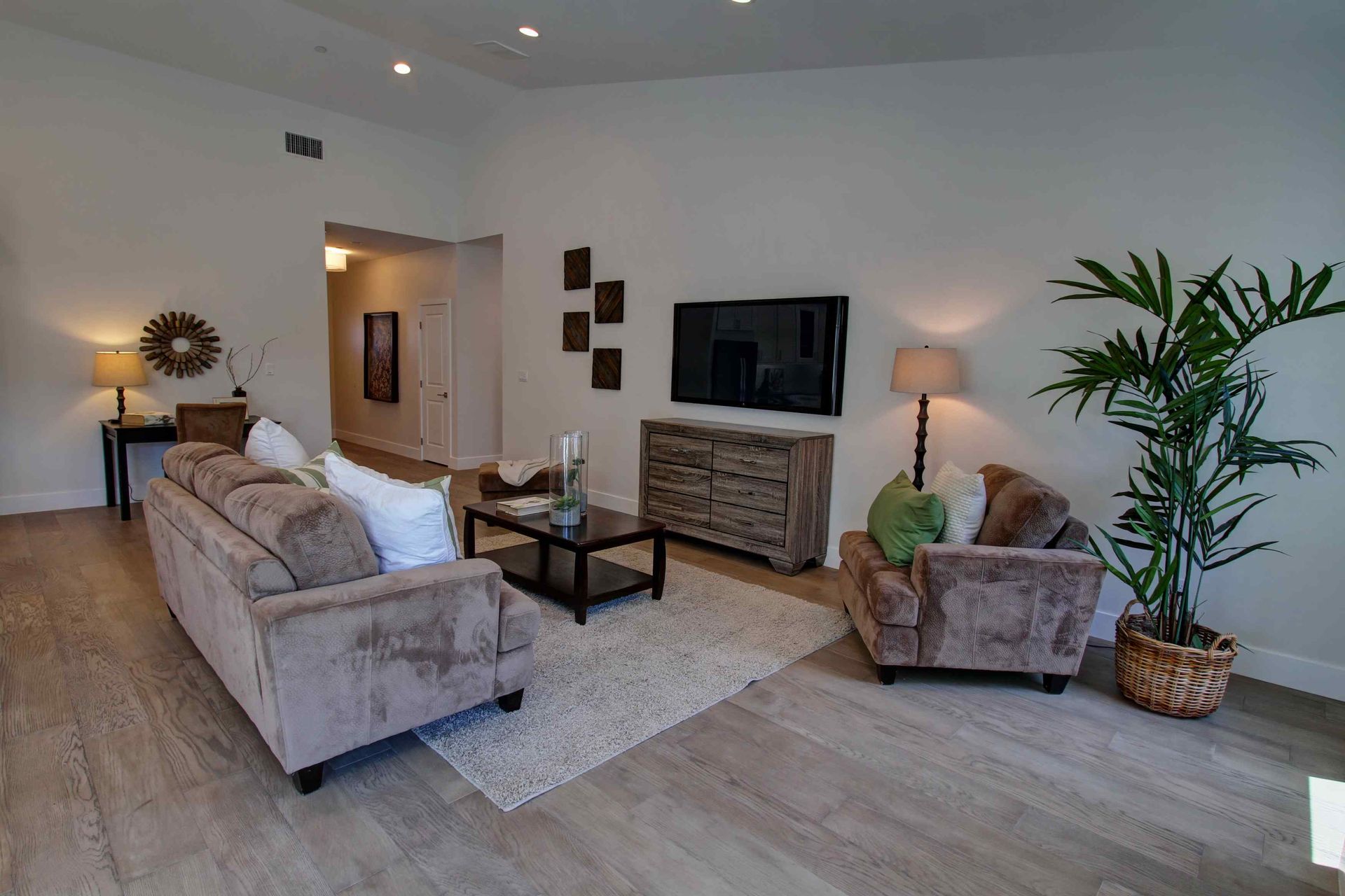 Modern living room with beige sofas, TV, coffee table, rug, and a large potted plant