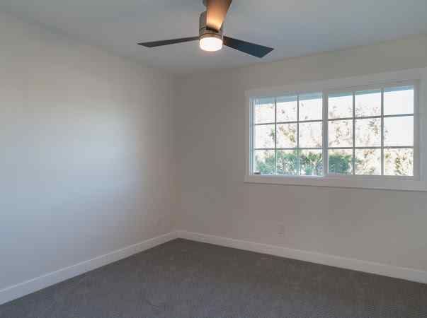 Empty bedroom with gray carpet, white walls, a window, and ceiling fan.