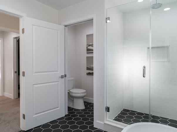 Bathroom with white door, toilet, glass shower, black hexagon tile floor.