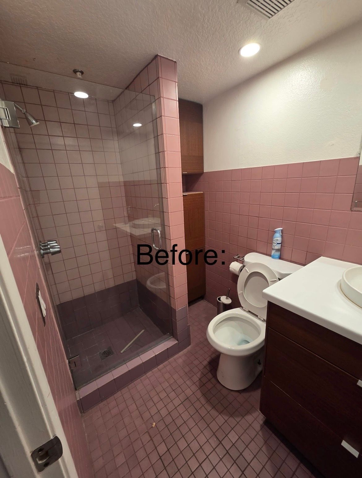 Small pink-tiled bathroom with walk-in shower, toilet, and vanity sink.