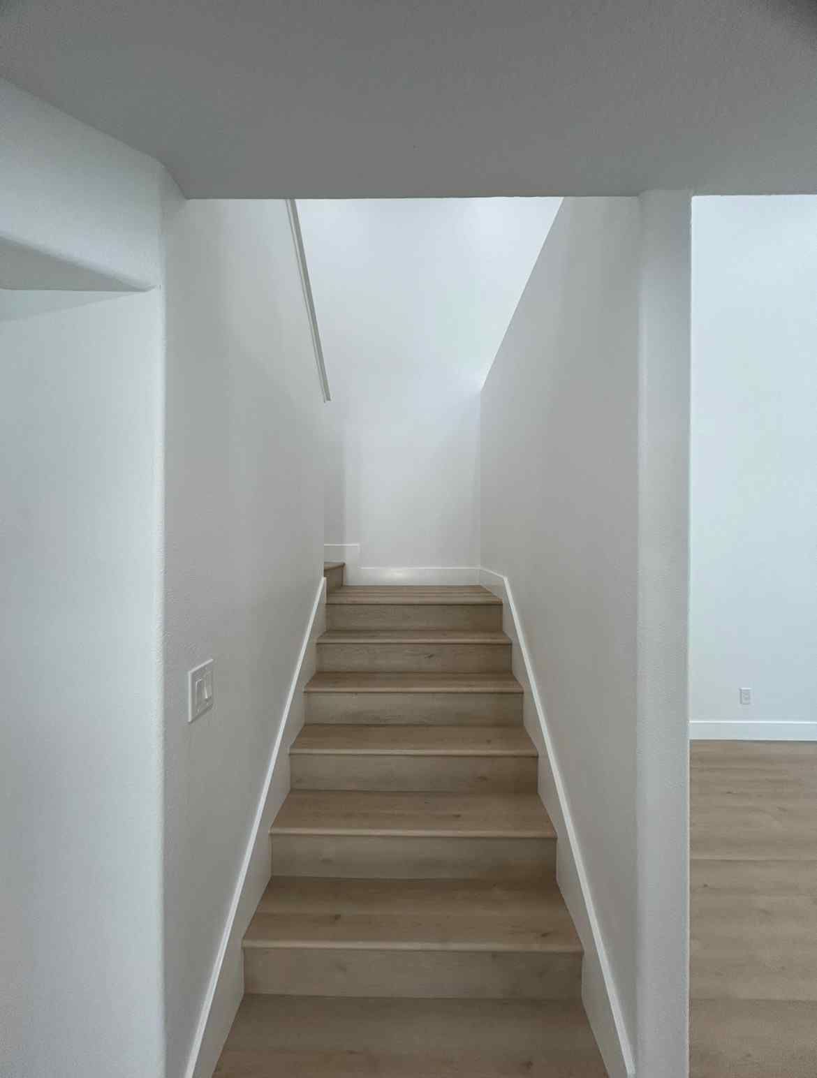 Narrow indoor staircase with beige carpet and white walls, leading up to an upper landing