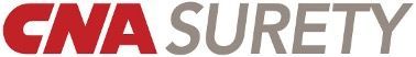 A red and gray logo for cnasurety on a white background