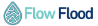 A logo for flow flood with a drop of water in the middle.