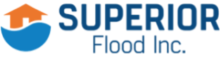A logo for superior flood inc. with a house on it