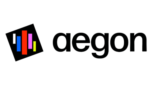 Aegon logo: Black square with colorful bars, right of the word