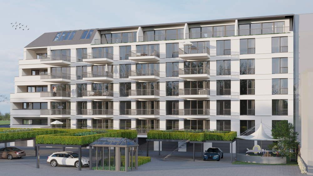 Eine künstlerische Darstellung eines großen Wohnhauses mit davor geparkten Autos.