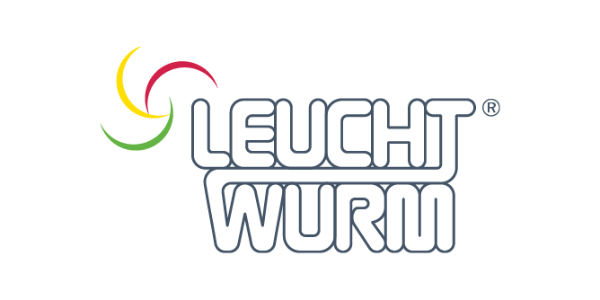 Ein farbenfrohes Logo für LeuchtWurm auf weißem Hintergrund