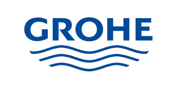 Ein blau-weißes Logo für Grohe mit Wellen auf weißem Hintergrund.