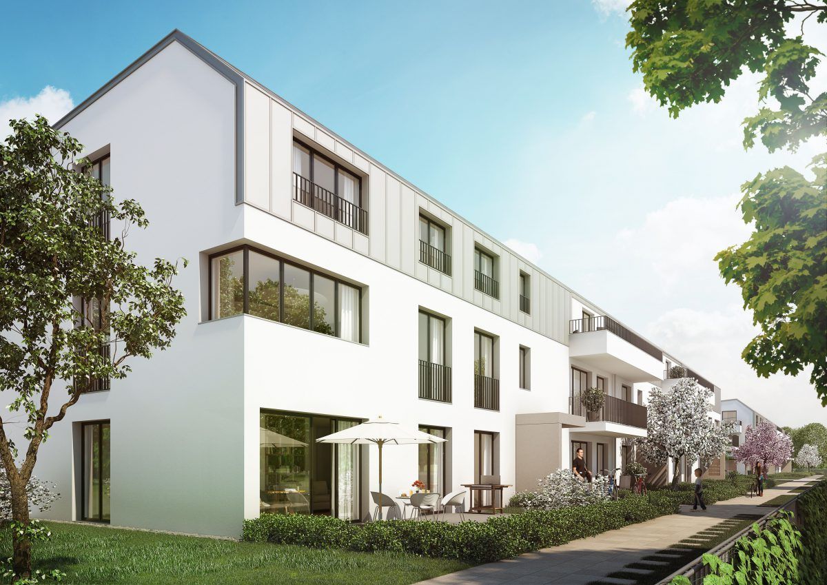 Eine künstlerische Darstellung eines weißen Wohnhauses