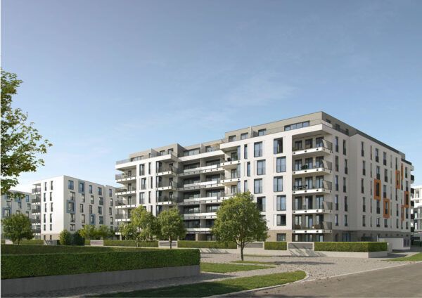 Eine künstlerische Darstellung eines neuen Wohnhauses